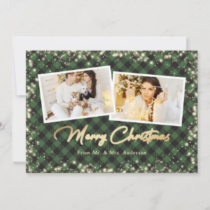 Tarjeta Festiva Green Plaid Gold para recién casados Foto Feliz Na