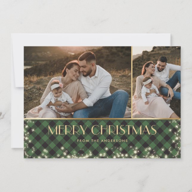 Tarjeta Festiva Green Plaid Gold Photo Sparkly Merry Christmas (Anverso)