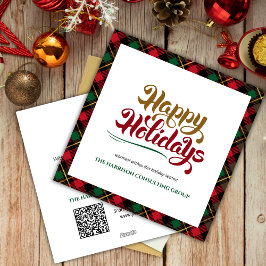Tarjeta Festiva Green Plaid Happy Holidays Business Logo QR Code