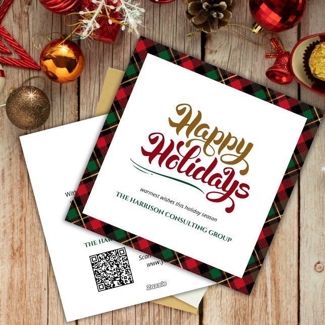 Tarjeta Festiva Green Plaid Happy Holidays Business Logo QR Code (Subido por el creador)