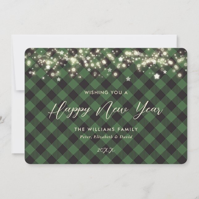 Tarjeta Festiva Green Plaid Happy Year Card (Anverso)