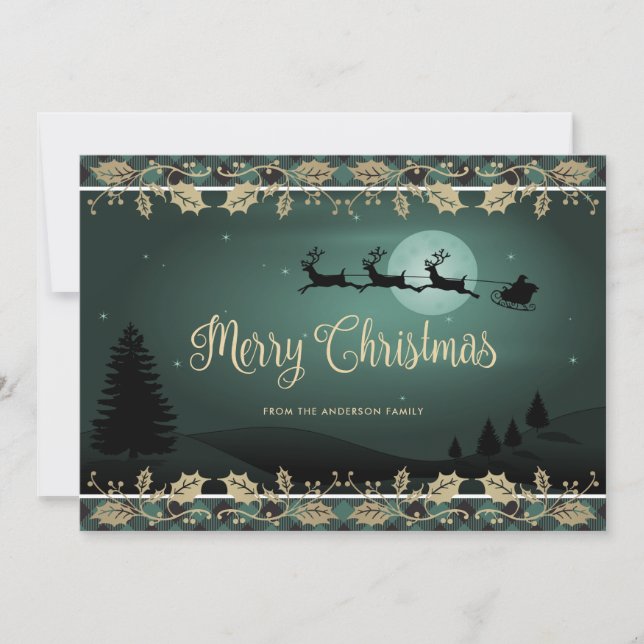 Tarjeta Festiva Green Plaid Holly Snowflake Santa Merry Christmas (Anverso)