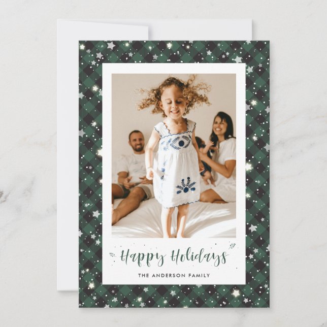 Tarjeta Festiva Green Plaid Photo Happy Holiday Card (Anverso)