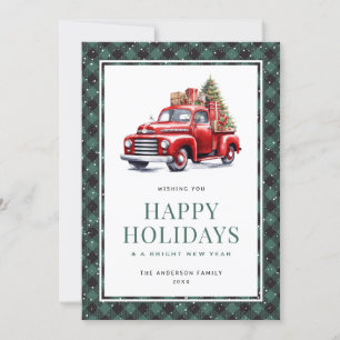 Tarjeta Festiva Green Plaid Red Truck Tree Happy Holidays Card