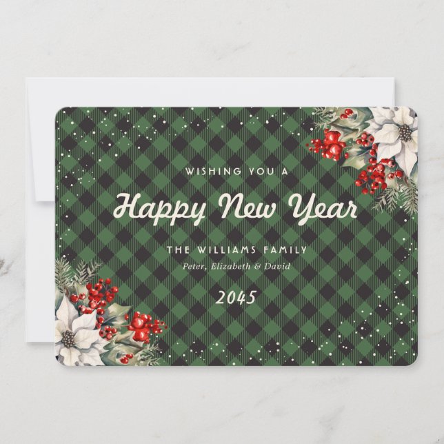 Tarjeta Festiva Green Plaid Snow Botanical New Year Card (Anverso)