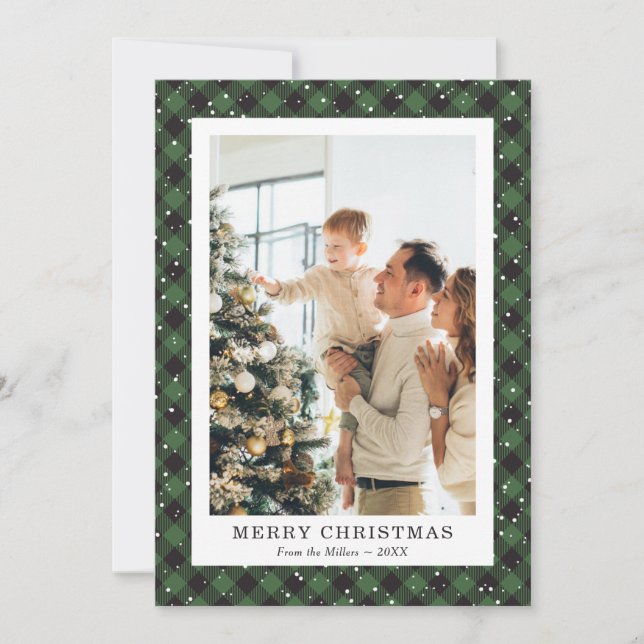 Tarjeta Festiva Green Plaid Snow Photo Merry Christmas Card (Anverso)