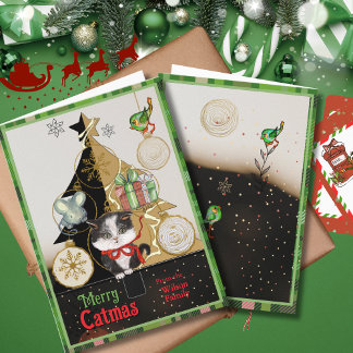 Tarjeta Festiva Green Plaid Split-Tree Catmas Card | Cute Kitten