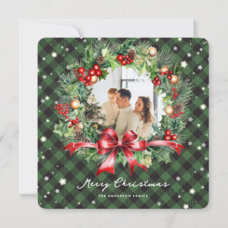 Tarjeta Festiva Green Plaid Wreath Photo Merry Christmas Card