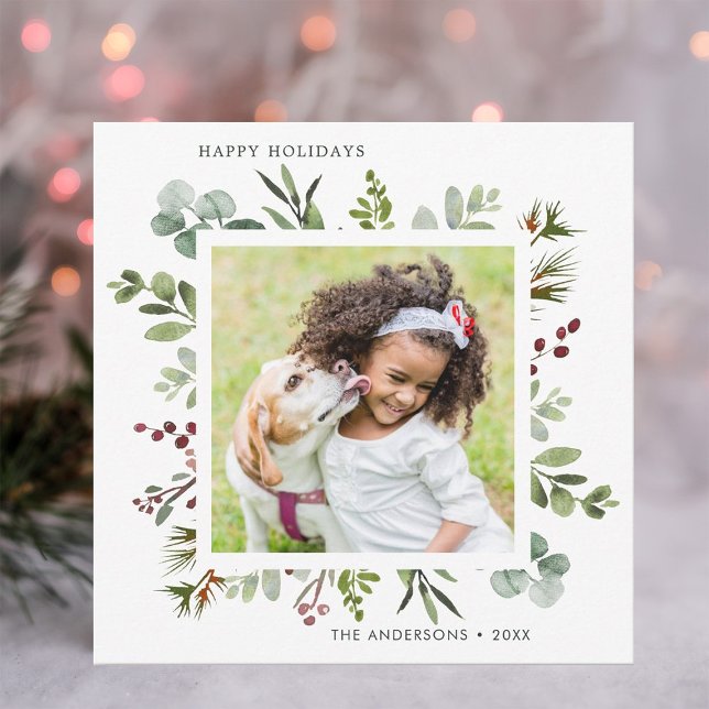 Tarjeta Festiva Green Red Berries Holiday Photo Square Card (Subido por el creador)