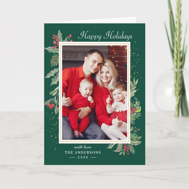 Tarjeta Festiva Green Red Holly Berries Xmas Happy Holidays (Anverso)