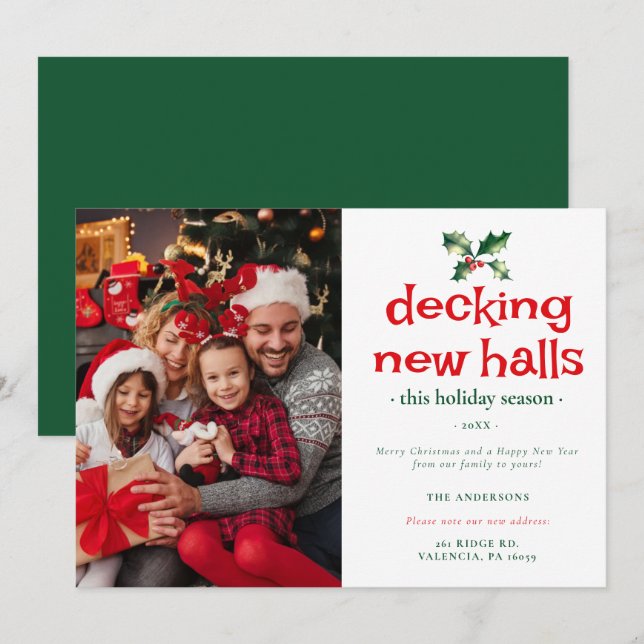 Tarjeta Festiva Green Red Holly Decks New Halls Home Family Photo (Anverso / Reverso)
