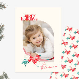 Tarjeta Festiva Green & Red Plaid Atado Con Foto De La Familia Bow