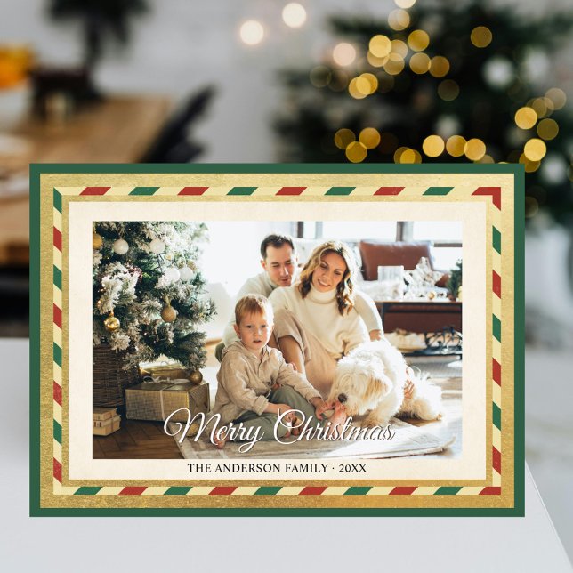 Tarjeta Festiva Green Red Strips Merry Christmas Retro Gold Photo (Subido por el creador)