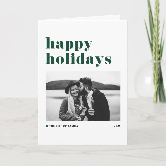 Tarjeta Festiva Green Retro Bold Typography Photo Happy Holidays (Anverso)