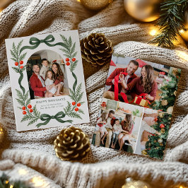 Tarjeta Festiva Green Ribbon Holiday Card with Photo Grid on Back