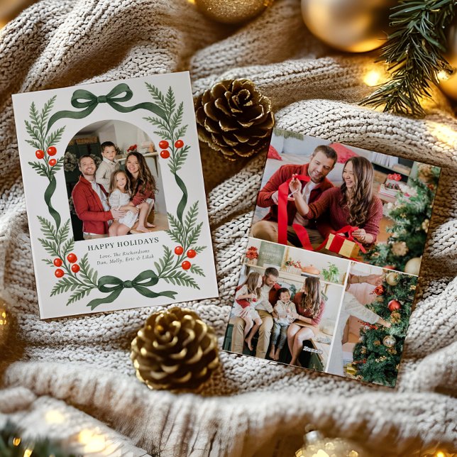 Tarjeta Festiva Green Ribbon Holiday Card with Photo Grid on Back (Subido por el creador)