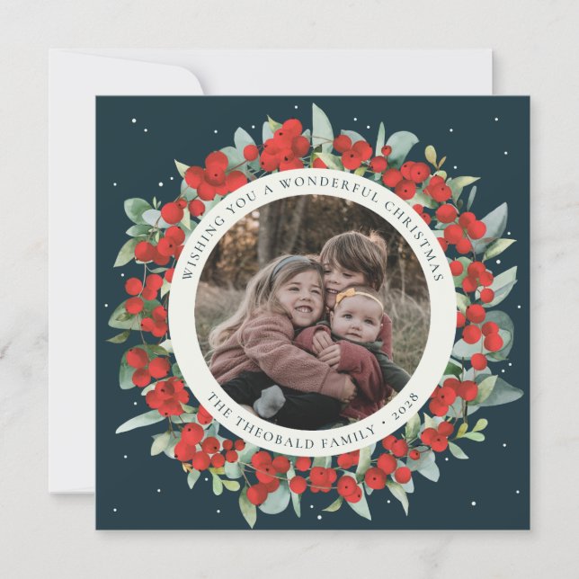Tarjeta Festiva Green Round/Square Red Berries+Eucalyptus Photo (Anverso)