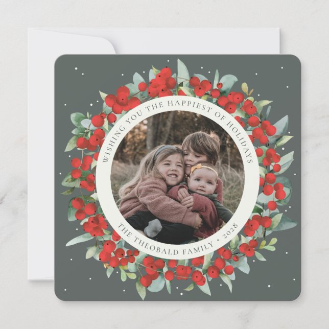 Tarjeta Festiva Green Round/Square Red Berries+Eucalyptus Photo (Anverso)