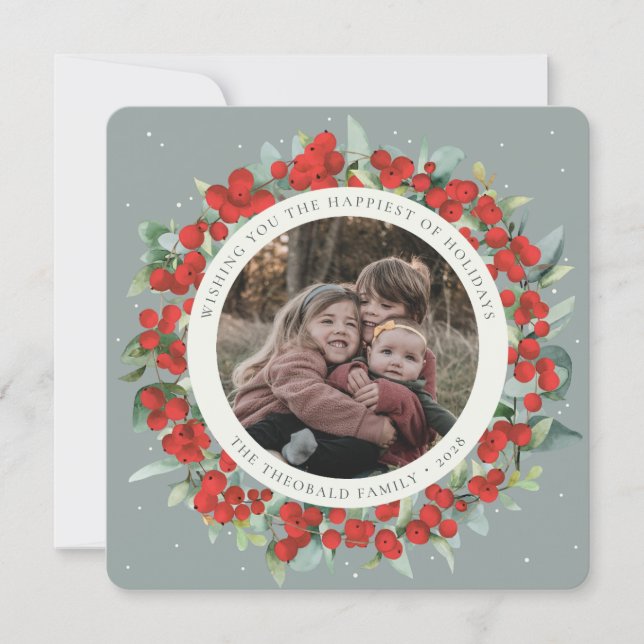 Tarjeta Festiva Green Round/Square Red Berries+Eucalyptus Photo (Anverso)