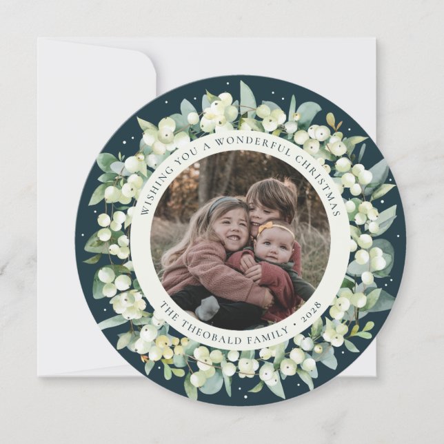 Tarjeta Festiva Green Round/Square Snowberry+Eucalyptus Photo (Anverso)