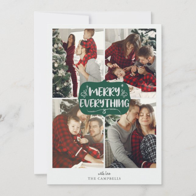 Tarjeta Festiva Green Silver Stars Merry Everything Multi Photo (Anverso)
