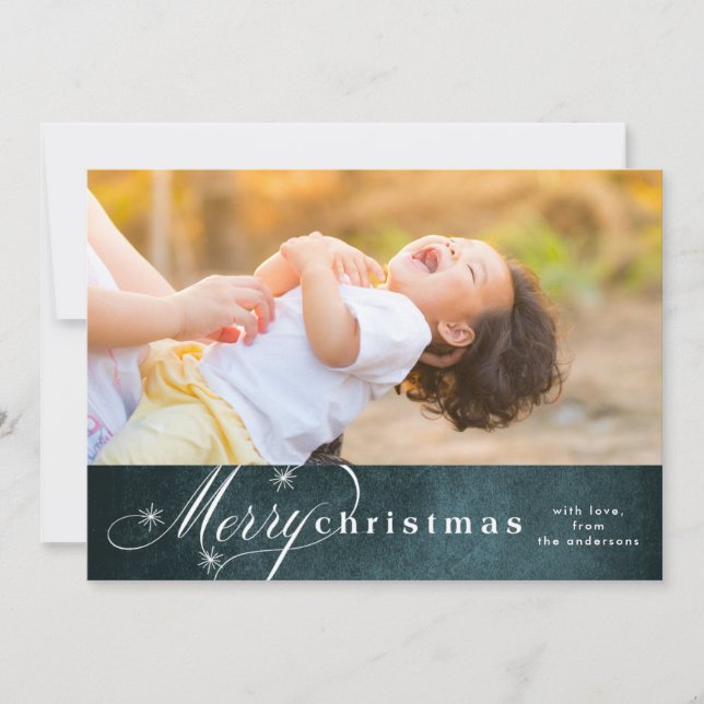 Tarjeta Festiva Green Star Snow Overlay Merry Christmas Photo Card (Anverso)