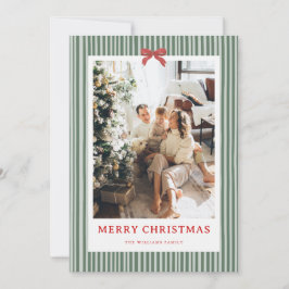 Tarjeta Festiva Green Stripe Red Bow Christmas Photo Holiday Card