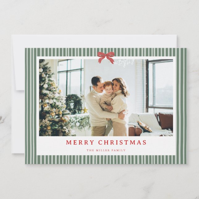 Tarjeta Festiva Green Stripe Red Bow Christmas Photo Holiday Card  (Anverso)