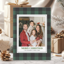 Tarjeta Festiva Green Tartan Plaid with Christmas Family Photo