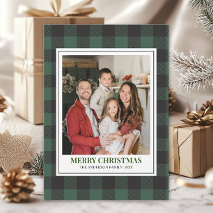 Tarjeta Festiva Green Tartan Plaid with Christmas Family Photo