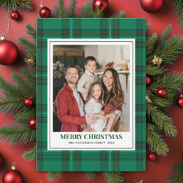 Tarjeta Festiva Green Tartan Plaid with Christmas Family Photo