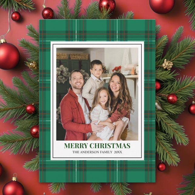 Tarjeta Festiva Green Tartan Plaid with Christmas Family Photo (Subido por el creador)