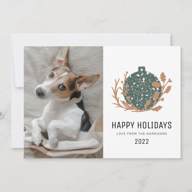 Tarjeta Festiva Green Terrazzo Bauble Happy Holiday Dog Photo 2021 (Anverso)