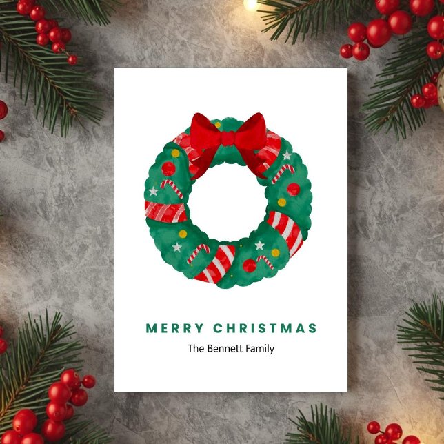 Tarjeta Festiva Green Watercolor Wreath Christmas Card (Subido por el creador)
