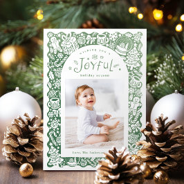 Tarjeta Festiva Green Whimsical Hand Drawn Joyful Holiday Photo