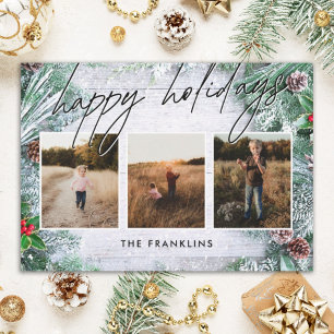 Tarjeta Festiva Greeneration Rustic Wood Script Happy Holidays Pho