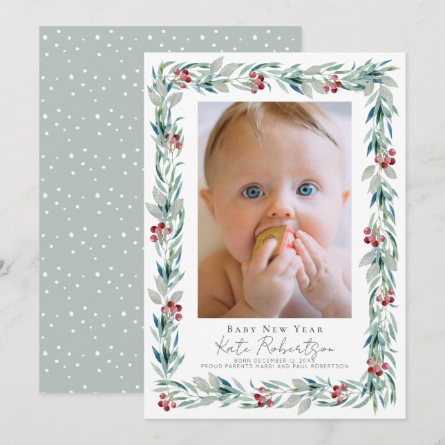 Tarjeta Festiva Greeneration Wreath Baby New Year Photo Holiday Ca (Anverso / Reverso)