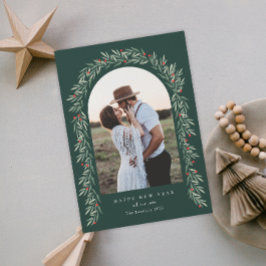 Tarjeta Festiva Greenery Arch Foto de escritura moderna Feliz Año 