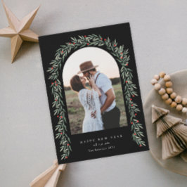 Tarjeta Festiva Greenery Arch Foto de escritura moderna Feliz Año 