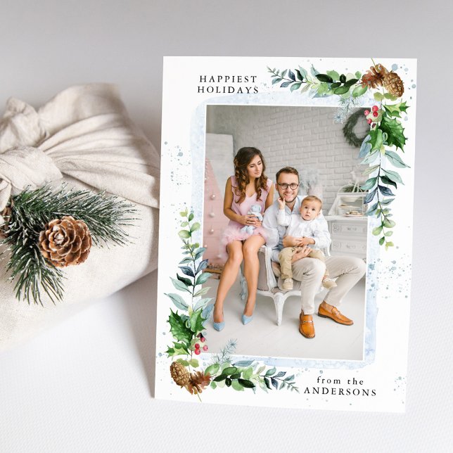 Tarjeta Festiva Greenery & Blue Watercolor Photo de invierno (Subido por el creador)