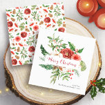 Tarjeta Festiva Greenery Elegant Merry Christmas Card<br><div class="desc">Elegante carta de Navidad de Verdor. Esta hermosa tarjeta cuadrada de Navidades cuenta con elegantes flores de color rojo acuático con bayas, pinecones y vegetación sobre fondo blanco con una 'Feliz Navidad' en un elegante guión escrito a mano | caligrafía. La parte posterior de la tarjeta incluye un patrón de...</div>