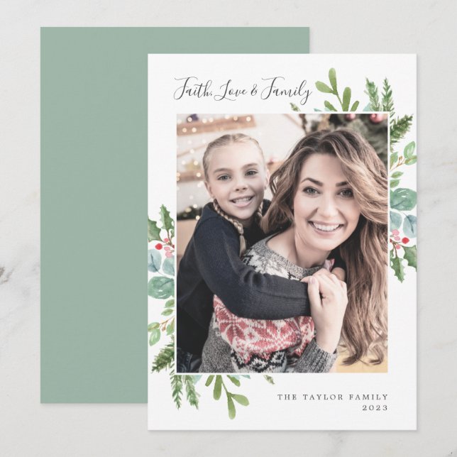 Tarjeta Festiva Greenery Faith Love and Family Photo (Anverso / Reverso)