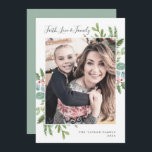Tarjeta Festiva Greenery Faith Love and Family Photo<br><div class="desc">This greenery faith love and family photo card is the perfect simple photo card. The winter design features soft sage green watercolor eucalyptus and modern botanicals with sprigs of classic red holly berries. Personalize the card with a family photo,  your family name,  and year.</div>