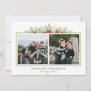 Tarjeta Festiva Greenery Invernal Poinsettia 2 fotos Felices Fiest