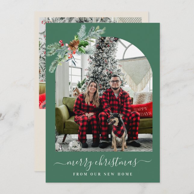 Tarjeta Festiva Greenery merry christmas photo moving announcement (Anverso / Reverso)