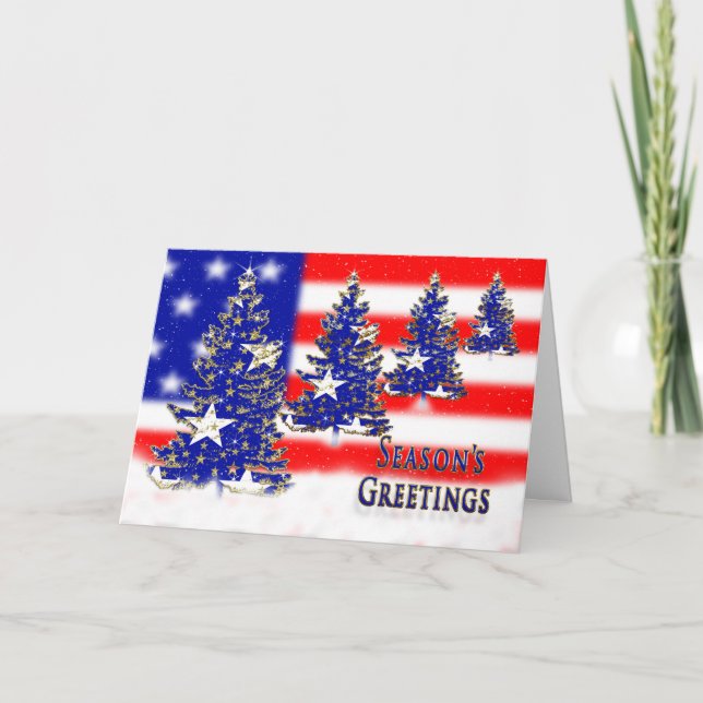 TARJETA FESTIVA GREETINGS DE TEMPORADA - BANDERA PATRIÓTICA Y ÁRBO (Anverso)