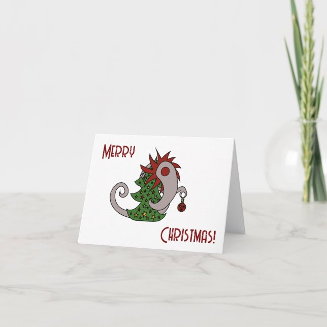 Tarjeta Festiva Grey Christmas monster with a red mane (Anverso)