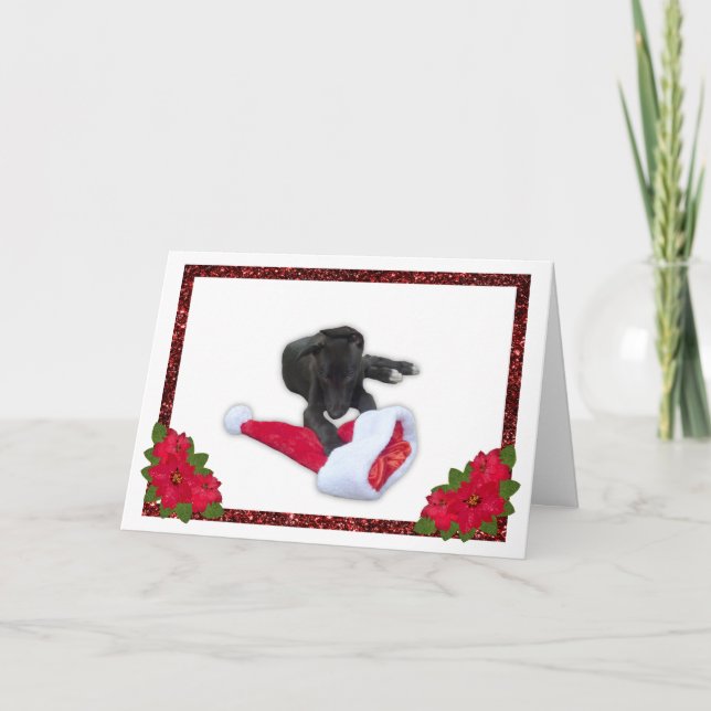 Tarjeta Festiva Greyhound Puppy con Navidades de Santa Hat (Anverso)