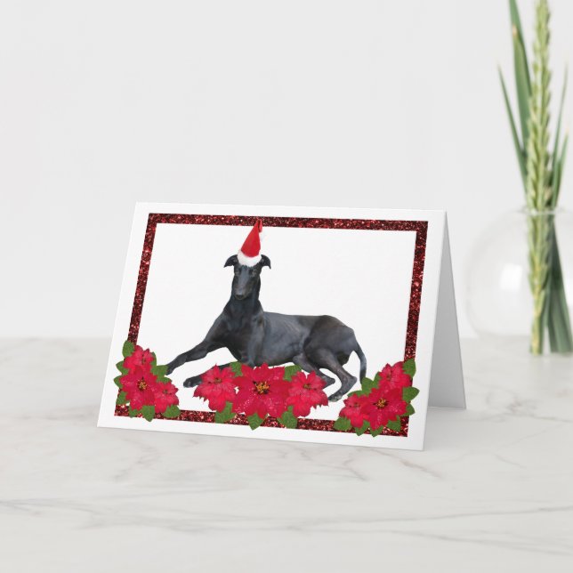 Tarjeta Festiva Greyhound Santa Hat Navidades Poinsettia (Anverso)