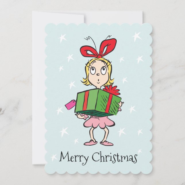 Tarjeta Festiva Grinch | Cindy-Lou Who - Holding Present (Anverso)